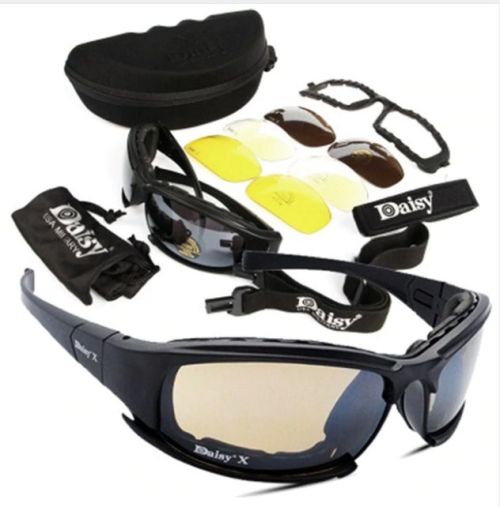 Tactical safety glasses with 3 different colour lenses.